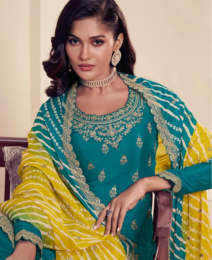 designer green chinon straight suit for women ethnic wear