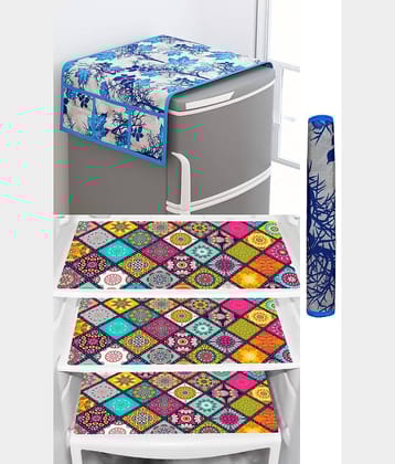 SHUBH Polyester Floral Fridge Mat & Cover ( 99 58 ) Pack of 5 - Blue