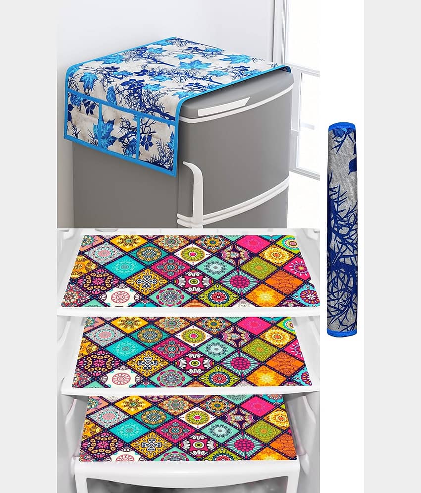 SHUBH Polyester Floral Fridge Mat & Cover ( 99 58 ) Pack of 5 - Blue