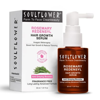 Soulflower Hair Growth Serum, Rosemary Oil, 3% Redensyl, 4% Anagain, Caffeine, Melanogray, Biotin, Rice Water, Clinically Tested on Real people, Hair growth & Hair fall control for Women & Men | 30ml Soulflower Hair Growth Serum, Rosemary Oil, 3% Redensy
