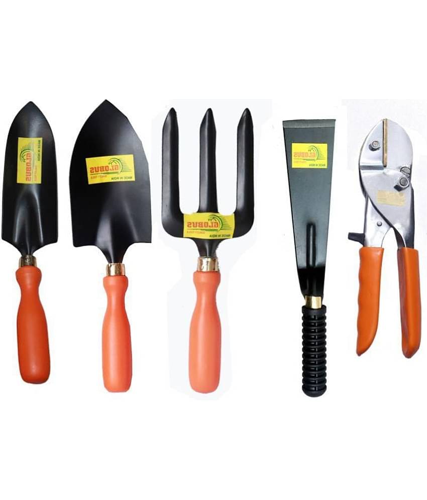 GLOBUS107 Garden Tool Set/ 5 PCS (Transplanter, Big Trowel, Weeder Fork, 8" Pruning Shear, Chrome ORANNGE, KHURPA 2")