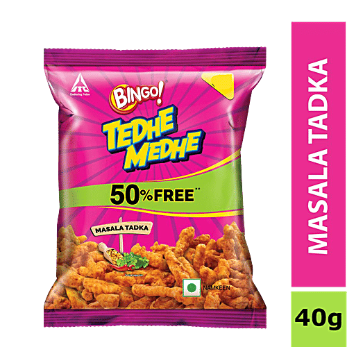 Bingo Tedhe Medhe Masala Tadka - Indian Masala Flavour, Spindle Shaped Crunchy Snack, Perfect For Snacking, 40 g Pouch