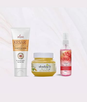 Alna Kesar Chandan Face Wash 75ml with Alnalite-G Aloe Gel 100gm & Rose Water 100ml , Pack of 3