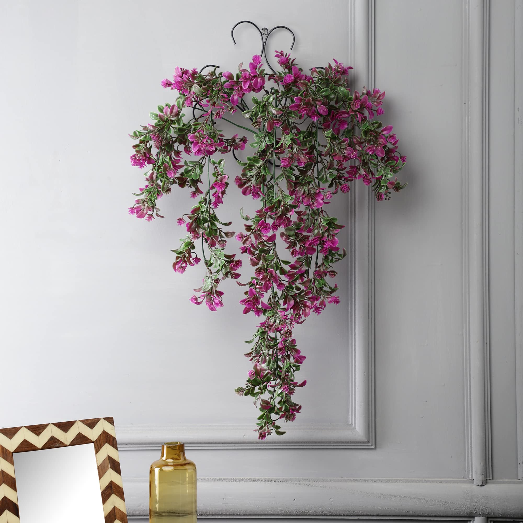 Foliyaj Artificial Vine with Purple Flowers and Leaves with Metal Wall Stand