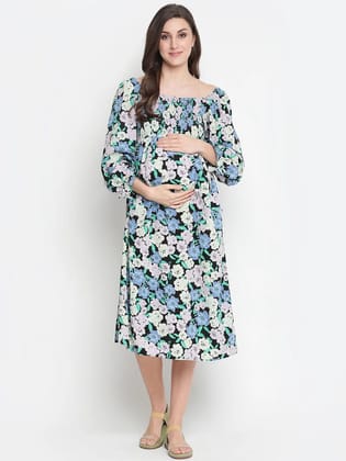 Camp Of Colors Floral Print Easy Maternity Smocking Dress-S