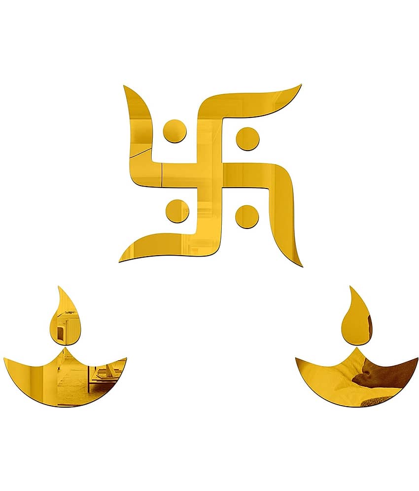 Asmi Collection Swastik & 2 Diyas Self Adhesive Acrylic Mirror Wall Sticker ( 15 x 15 cms )