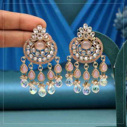 Baby Pink Color American Diamond Earrings-Default Title / Pink / Alloy With Good Quality Mehndi Gold Plated