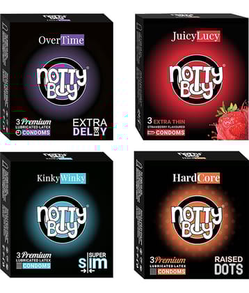 NottyBoy Mixed Combo Raised Dots, Overtime, Extra Thin and Strawberry Condoms - (Set of 4, 12 Pcs)