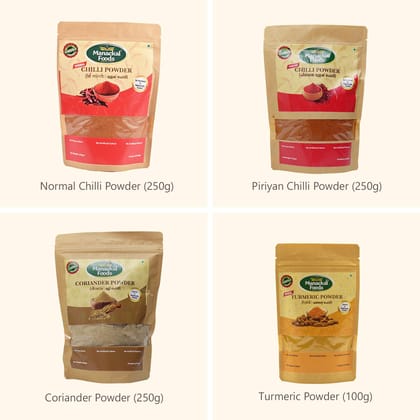Manackal Foods Traditional Spice Combo | Piriyan Chilli Powder-200g, Red Chilli Powder-200g, Coriander Powder-200g& Turmeric Powder-100g | Pure, Fresh & Preservative-Free | Pack of 4-700g