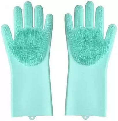 Elecsera Washing Silicone Reusable Heat Resistance and Water Proof Hand Gloves with Scrubber for Kitchen Cleaning, Utensils, Bath and pet Hair Care, Large- 1 Pair