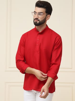 Men's Cotton Blend Red Solid ONLY Short Kurta-36