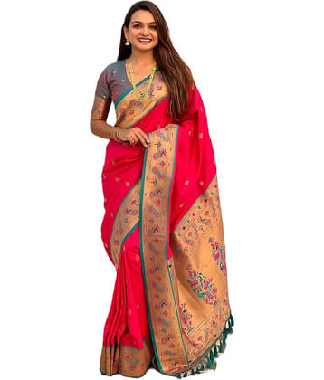 Rangtulika Ethnics Silk Woven Banarasi saree With Unstitched Blouse Piece ( Pink )