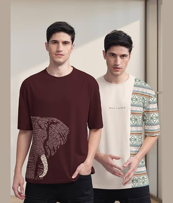 BULLMER Pack of 2 Cotton Blend Oversized Fit Men's T-Shirt ( Beige )