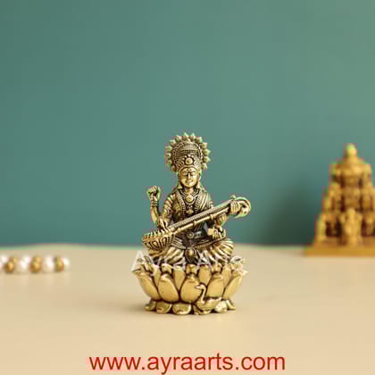 Premium Brass Goddess Saraswati Idol Sitting on Lotus - 3 Inch Height