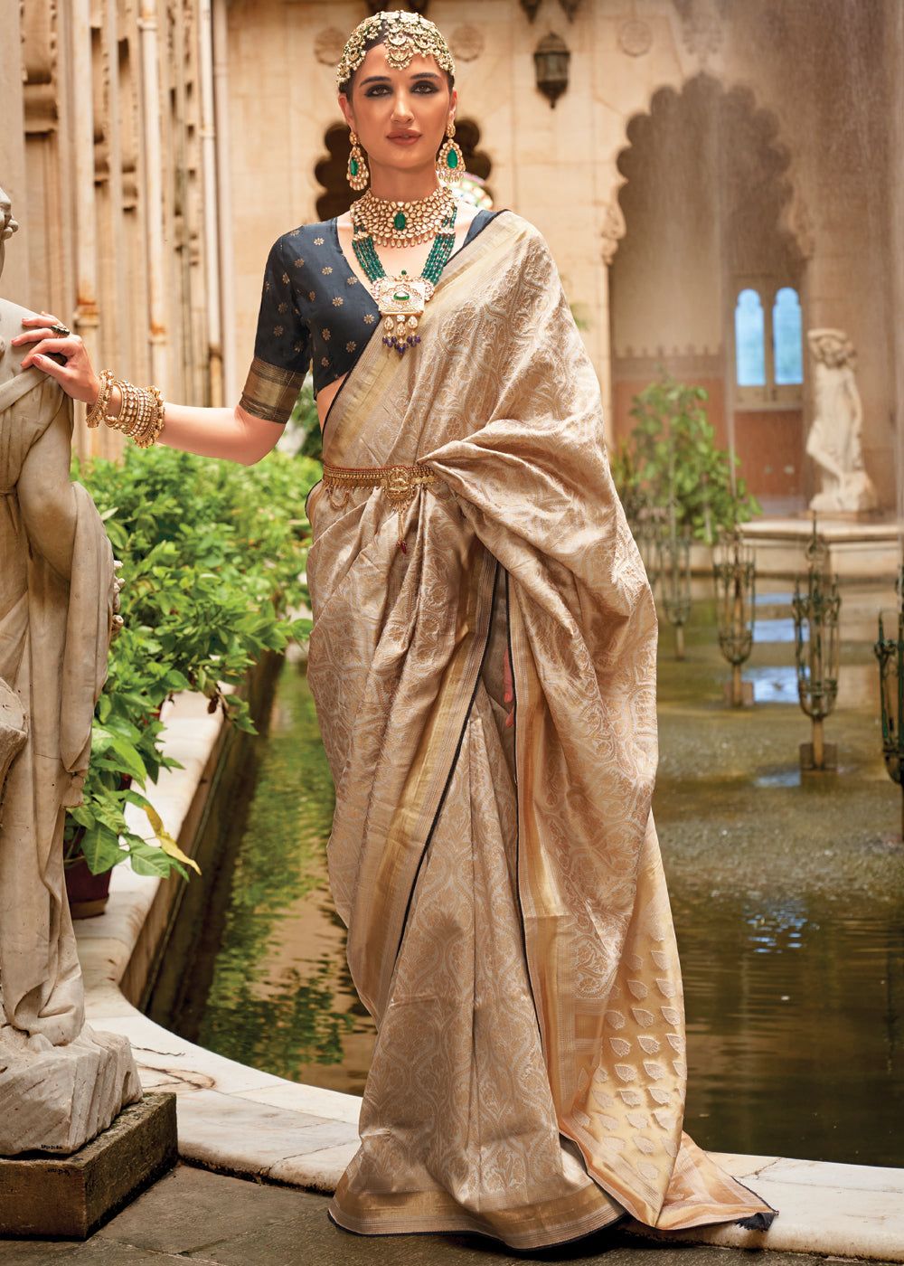 Golden Beige Woven Banarasi Silk Saree With Contrast Blouse