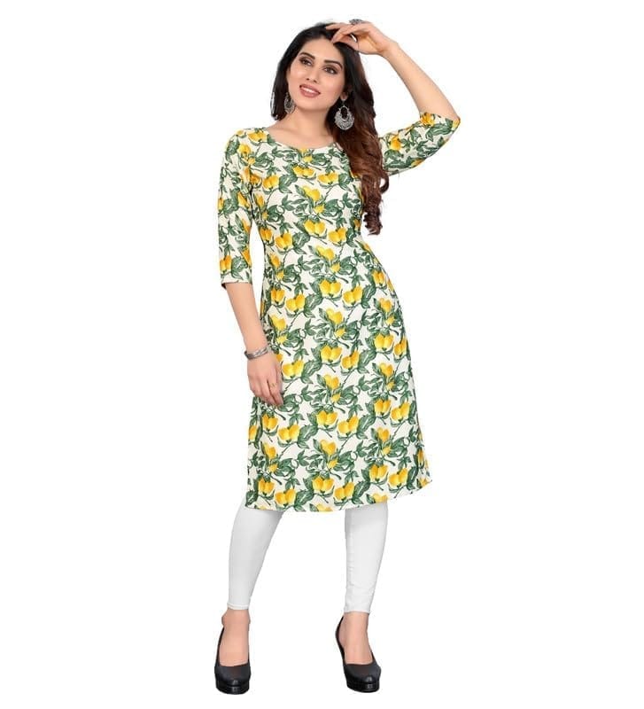 Women's Casual 3/4th Sleeve Printed Crepe Kurti (Multicolor, XL)-PID46173