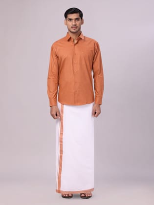 Mens Brown Color Shirt with Matching Border Dhoti Combo Casper-36 / F/S / Brown