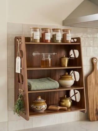 Wooden Spice Rack with 4 Shelves, Countertop and Wall-Mounted Kitchen Organiser, 53x38x23 cm