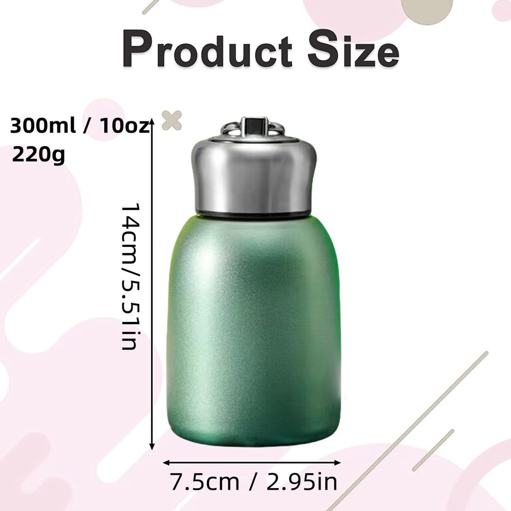 300ml Stainless Steel Insulated Water Bottle, Mini Bottle for Hot and Cold Drinks, Leakproof Travel Mug, Coffee Mug (Green)