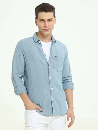 Teal Blue Multi Block Denim Check Shirt-S / Blue