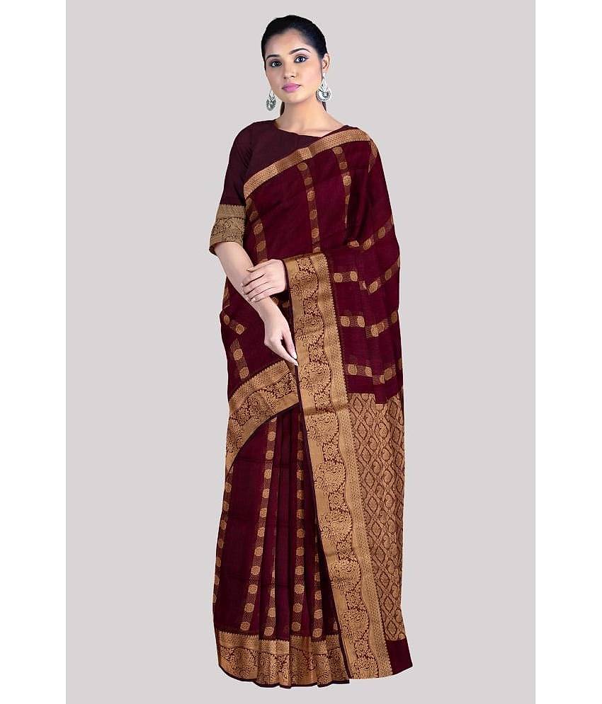 KSR HANDLOOM PVT LTD Cotton Silk Embellished Saree With Unstitched Blouse Piece ( Maroon )