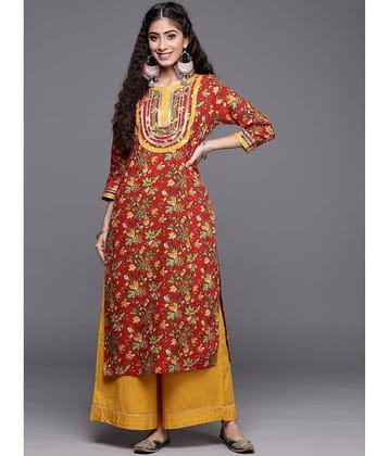 Varanga Cotton Embellished Straight Women's Kurti - Red ( Pack of 1 )