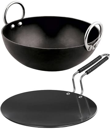 Ms Pure Iron/Loha Combo Set of SS Wire Handle Tawa no 9 (Dia-9 Inches) & Kadai No-8 (Dia-8 Inches, Cap.-1 Litres)