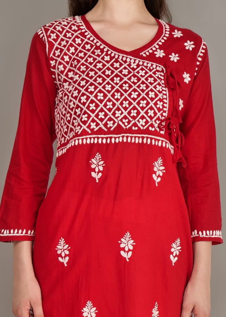 Pure Cotton Hand Embroided Lucknow Chikankar Angrakha Style Kurta - Red