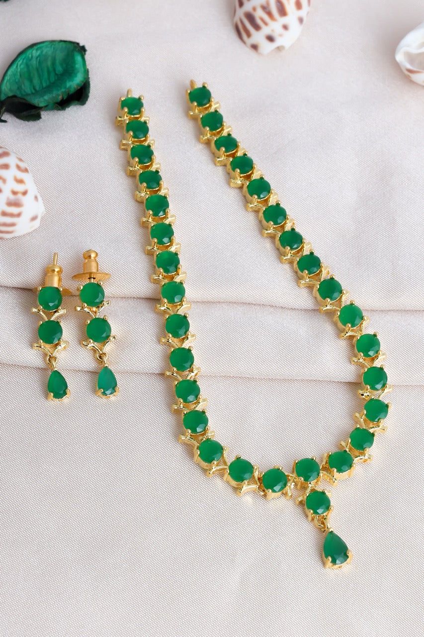 Gold-Plated Pearl Drop Necklace and Earring Set-Green