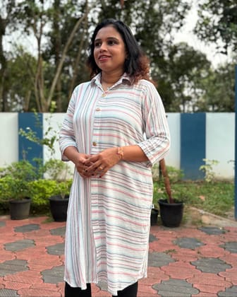 Multi colour crushed cotton striped shirt type kurthi - Half Sleeves Multi colour crushed cotton striped shirt type kurthi - Half Sleeves