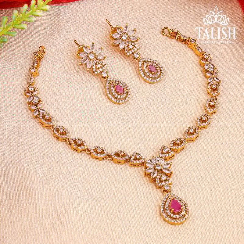 Gold-Plated Floral Necklace Set with Pink and White American Diamond Stones