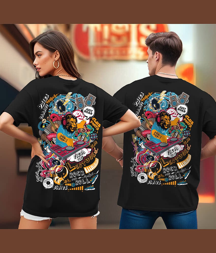 Leotude Black Blended Oversized Fit Couple T-Shirt