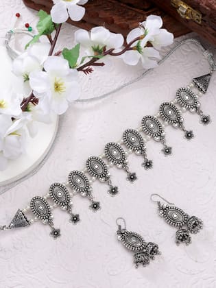 NVR Women Silver-Plated Choke Oxidized Necklace with Jhumka Earrings-Silver / Female / Adults