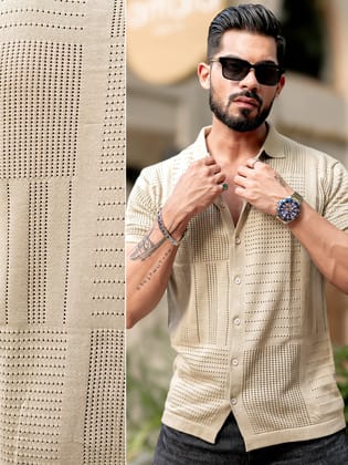 Wrap FlatKnit Cotton Beige Half Sleeve Shirt-S / Beige