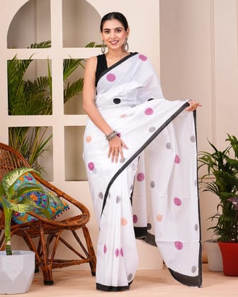 White Printed Cotton Saree