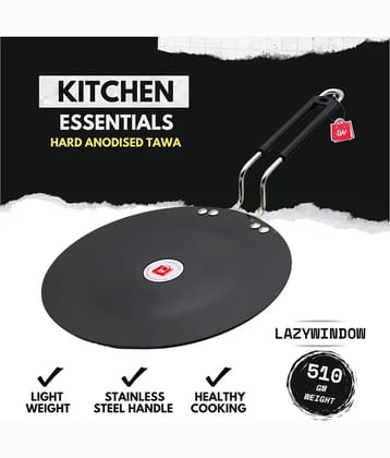 LAZYWINDOW Non Coated Hard Anodised Dosa Tawa/Flat Tawa Induction Bottom Stainless Steel Handle 3 mm Thickness 25 cm Diameter
