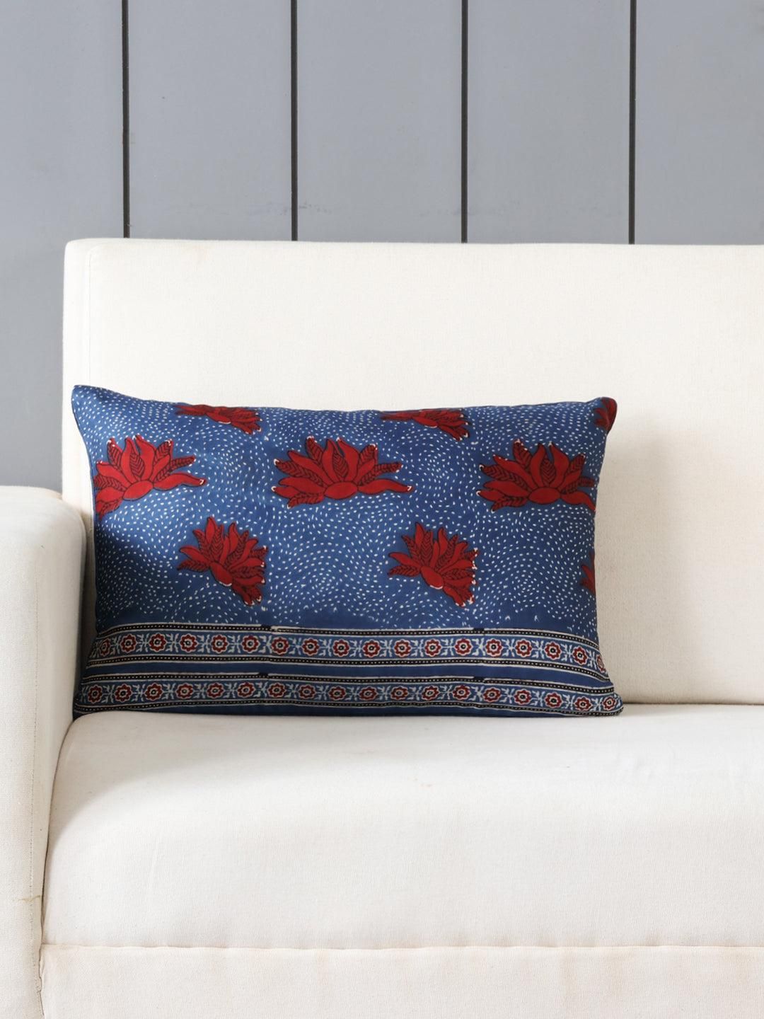 Ajrakh Modal Silk Rectangle Floral Cushion Cover Indigo & Red - 12x18-12 Inches x 18 Inches / Modal silk / Indigo, White, Madder Red, & Black