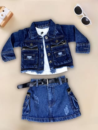 Girls Funky Denim Co-ord Set[GCS-1093] [6M-5Years]-9M-12M (Size - 16) / Dark Blue / Denim