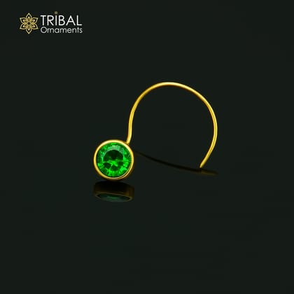 3.5mm tiny single stone 18kt  yellow gold handmade nose pin, excellent L band nose plug, nose wire, cartilage jewelry for girl's gnp34-Green stone