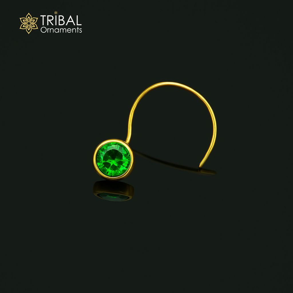 3.5mm tiny single stone 18kt  yellow gold handmade nose pin, excellent L band nose plug, nose wire, cartilage jewelry for girl's gnp34-Green stone