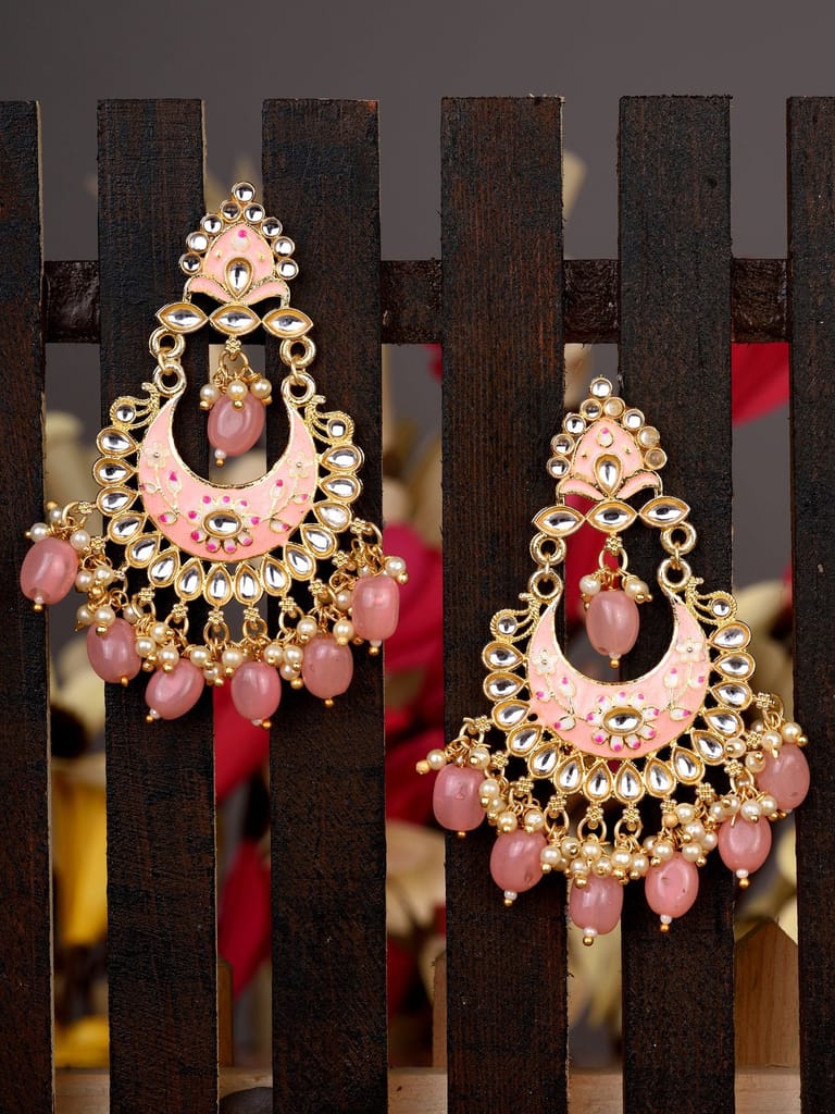 Gold Plated Pink Contemporary Chandbali Drop Earrings - Earrings | Buy online on ZillyBuy