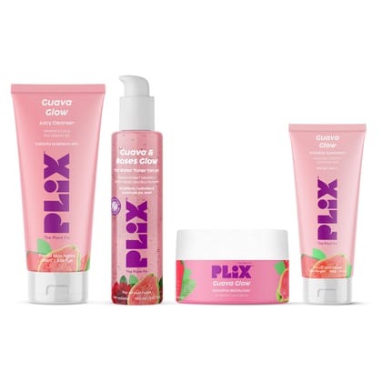 The Plant Fix Plix Guava & Roses Regime for Bright Skin & Balanced Skin pH|Hydrating Cleanser|2-in-1 Toner Serum|Smoothie Moisturizer|Invisible Sunscreen Gel With SPF 50+ PA +++|For Unisex|Pack of 4 The Plant Fix Plix Guava & Roses Regime for Bright Skin