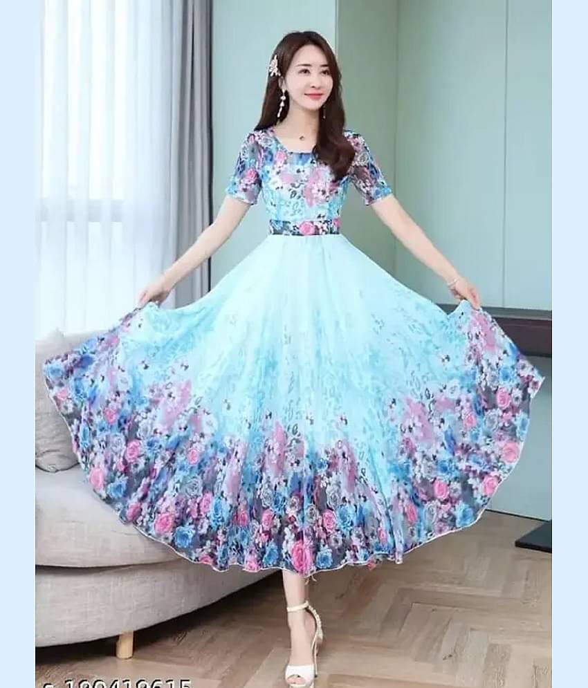 BHAGVATI ENTERPRISE Blue Flared Georgette Women's Stitched Ethnic Gown ( Pack of 1 )