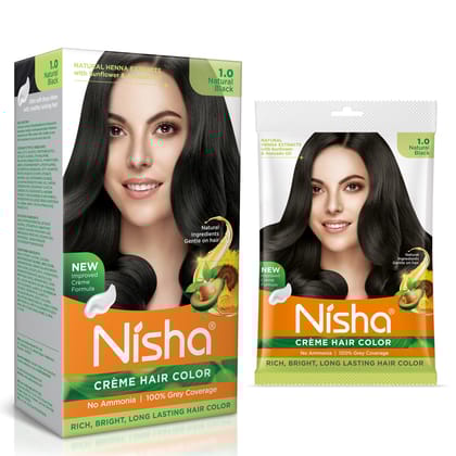 Nisha Creme Hair Color Combo Pack 1.0 Natural Black (120g Box & 40g Pouch), Ammonia Free Permanent Hair Colour