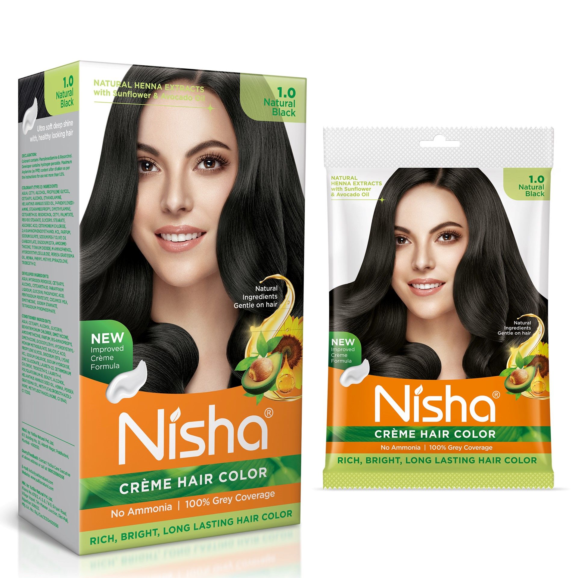 Nisha Creme Hair Color Combo Pack 1.0 Natural Black (120g Box & 40g Pouch), Ammonia Free Permanent Hair Colour