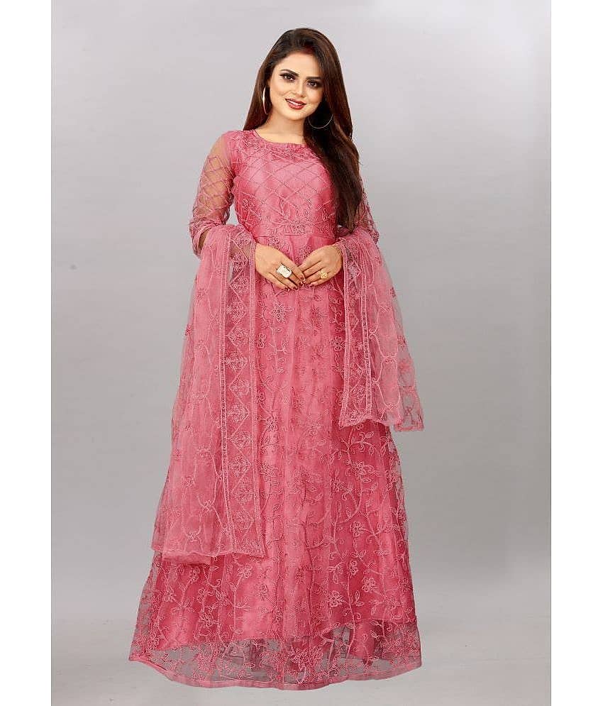 JULEE - Peach A-line Net Women's Stitched Ethnic Gown ( Pack of 1 )