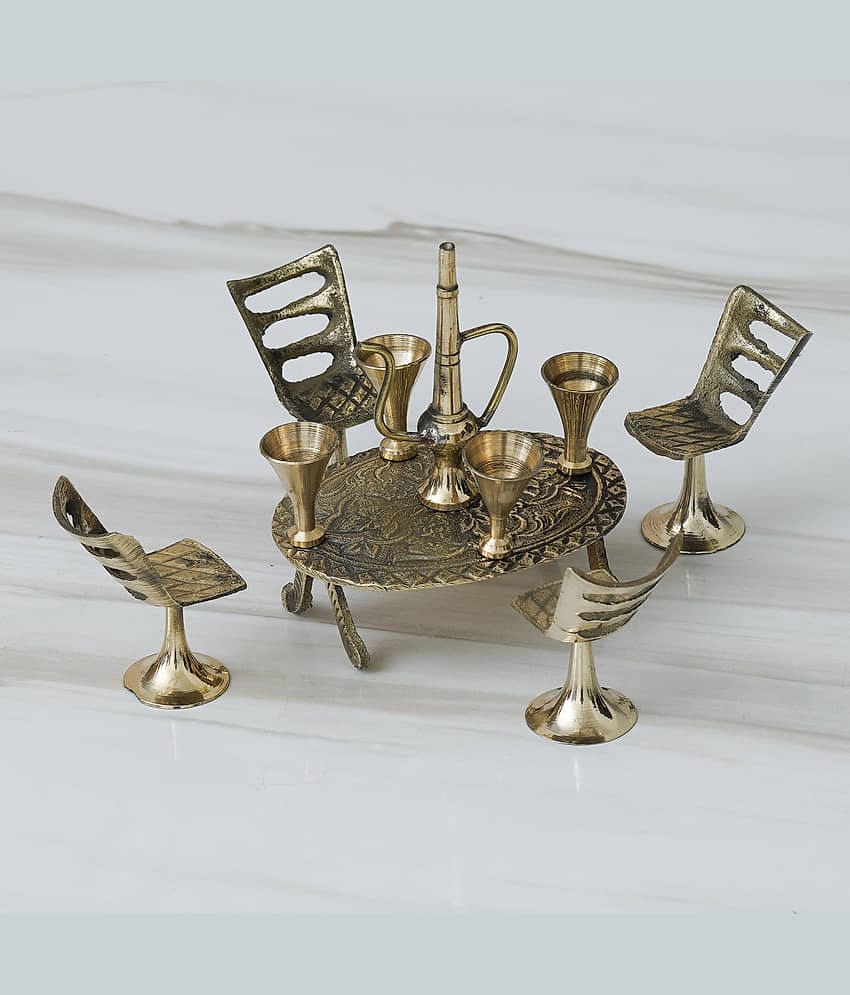 Fashion Bizz Handcrafted Brass Mini Chair Table Decorative Showpiece - 10 cm