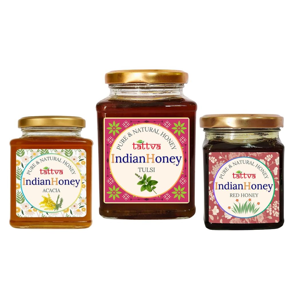 IndianHoney Ayurvedic & StressRelief Tulsi Infused Honey, Rare & HighFlavonoid Red Honey, & Rajasthan Acacia Honey Triple Combo Pack (500gm + 2x230gm)