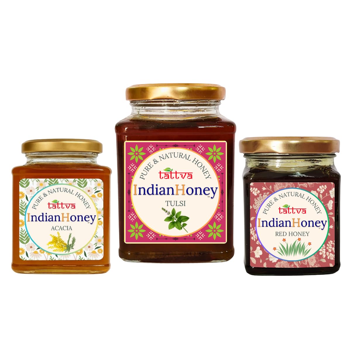 IndianHoney Ayurvedic & StressRelief Tulsi Infused Honey, Rare & HighFlavonoid Red Honey, & Rajasthan Acacia Honey Triple Combo Pack (500gm + 2x230gm)
