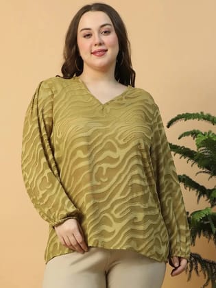 Exclusive Green Long Sleeve Dobby Meld Plus Size Women Top-2XL